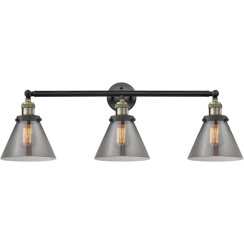 Franklin Restoration Large Cone 3 Light 32 inch Black Antique Brass Bath Vanity Light Wall Light in Light Smoke Glass, Franklin Restoration