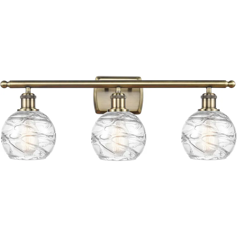 Ballston Small Deco Swirl 3 Light 26 inch Antique Brass Bath Vanity Light Wall Light in Incandescent, Small Athens, Deco Swirl Glass, Ballston