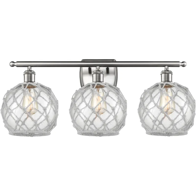 Ballston Farmhouse Rope 3 Light 28 inch Brushed Satin Nickel Bath Vanity Light Wall Light in Bulb Not Included, Clear Glass with White Rope, Ballston