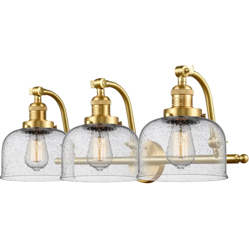 Franklin Restoration Large Bell LED 28 inch Satin Gold Bath Vanity Light Wall Light in Seedy Glass, Franklin Restoration