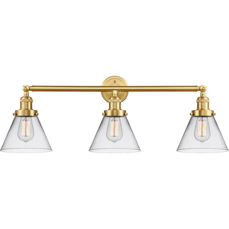 Franklin Restoration Large Cone 3 Light 32 inch Satin Gold Bath Vanity Light Wall Light in Clear Glass, Franklin Restoration