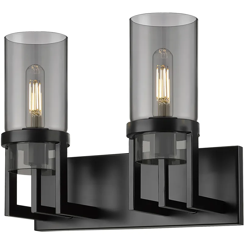 Utopia 2 Light 15 inch Matte Black Bath Vanity Light Wall Light in Plated Smoke Glass