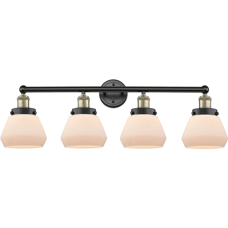 Fulton 4 Light 33.5 inch Black Antique Brass Bath Vanity Light Wall Light in Matte White Glass