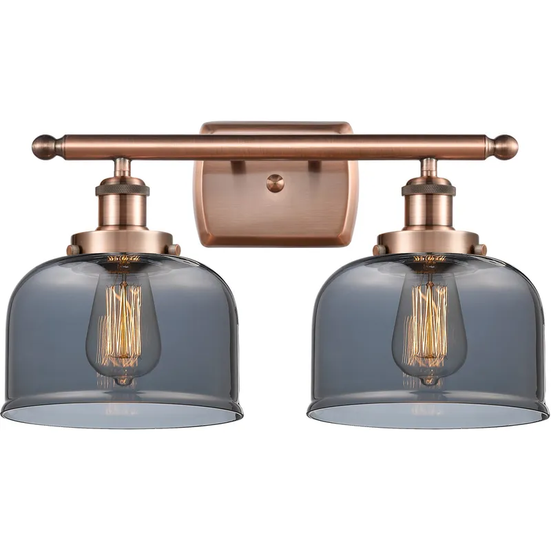 Ballston Large Bell 2 Light 16 inch Antique Copper Bath Vanity Light Wall Light in Light Smoke Glass
