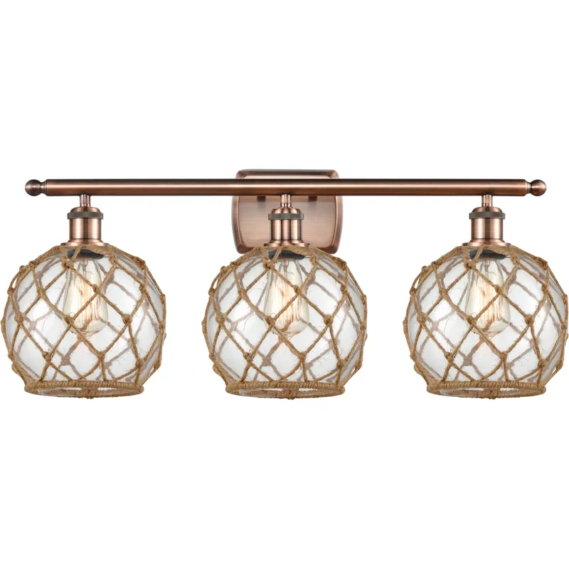 Ballston Farmhouse Rope 3 Light 28 inch Antique Copper Bath Vanity Light Wall Light in Bulb Not Included, Clear Glass with Brown Rope, Ballston
