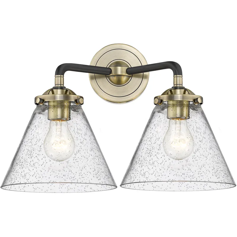 Nouveau Large Cone 2 Light 16 inch Oil Rubbed Bronze Bath Vanity Light Wall Light in Seedy Glass, Nouveau