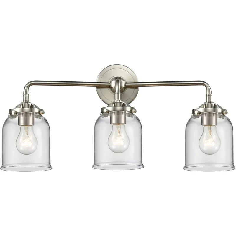 Nouveau Small Bell 3 Light 23 inch Brushed Satin Nickel Bath Vanity Light Wall Light in Clear Glass, Nouveau