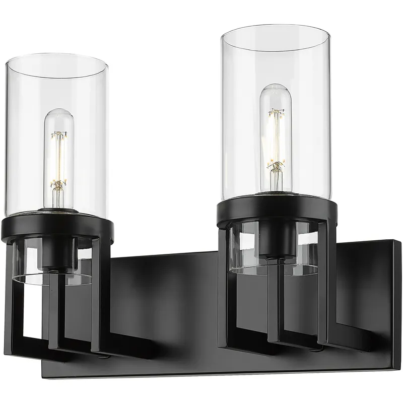Utopia 2 Light 15 inch Matte Black Bath Vanity Light Wall Light in Clear Glass