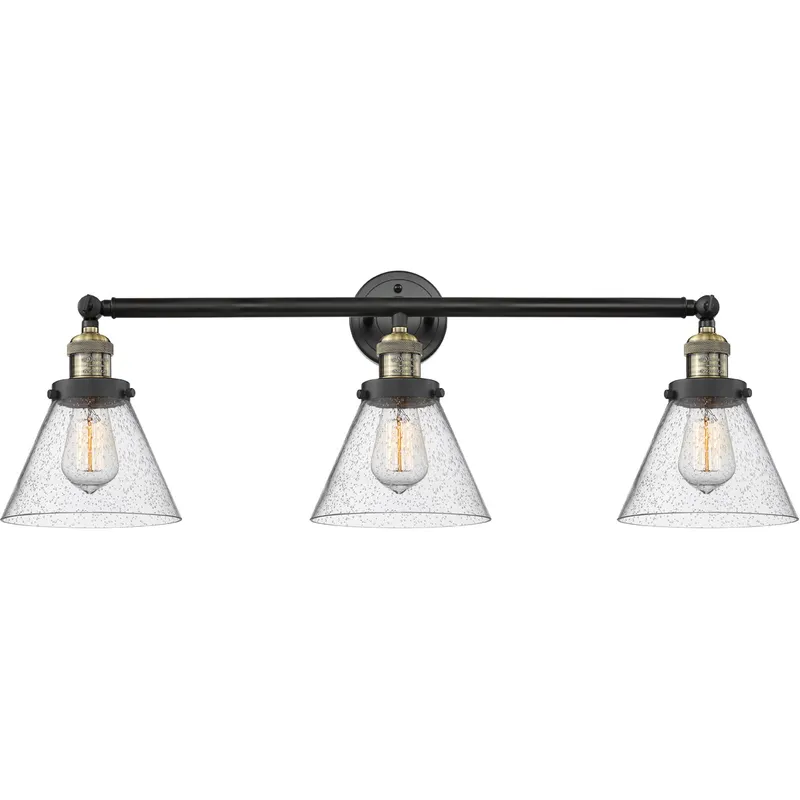 Franklin Restoration Large Cone 3 Light 32 inch Black Antique Brass Bath Vanity Light Wall Light in Seedy Glass, Franklin Restoration