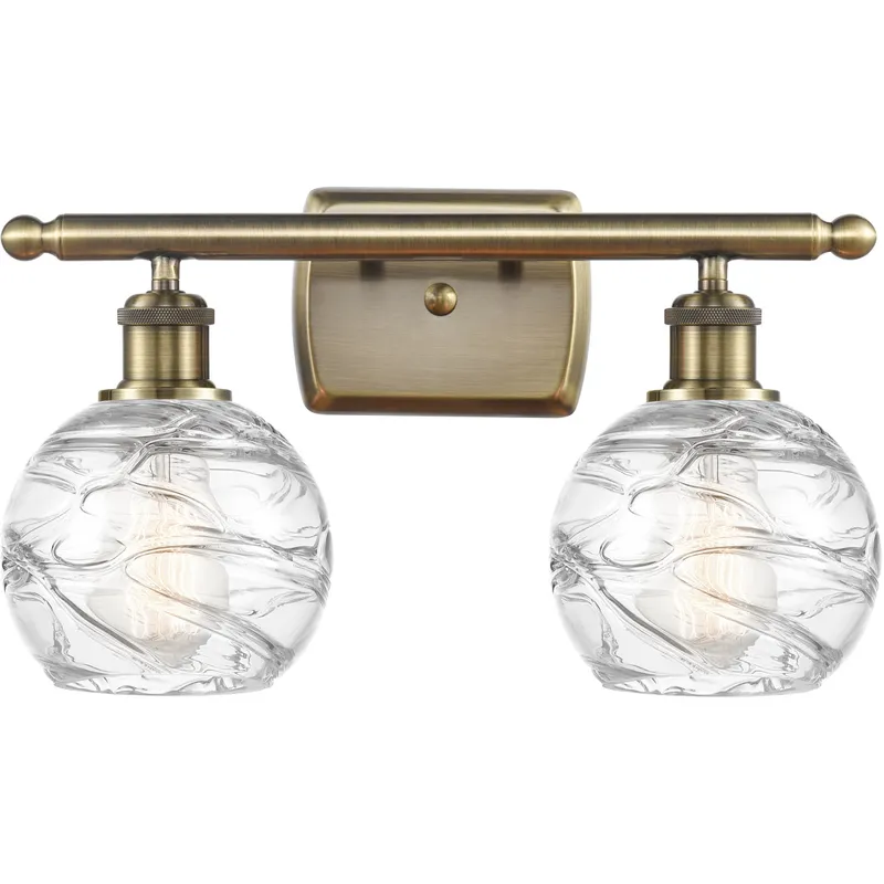 Ballston Small Deco Swirl 2 Light 16 inch Antique Brass Bath Vanity Light Wall Light in Incandescent, Small Athens, Deco Swirl Glass, Ballston