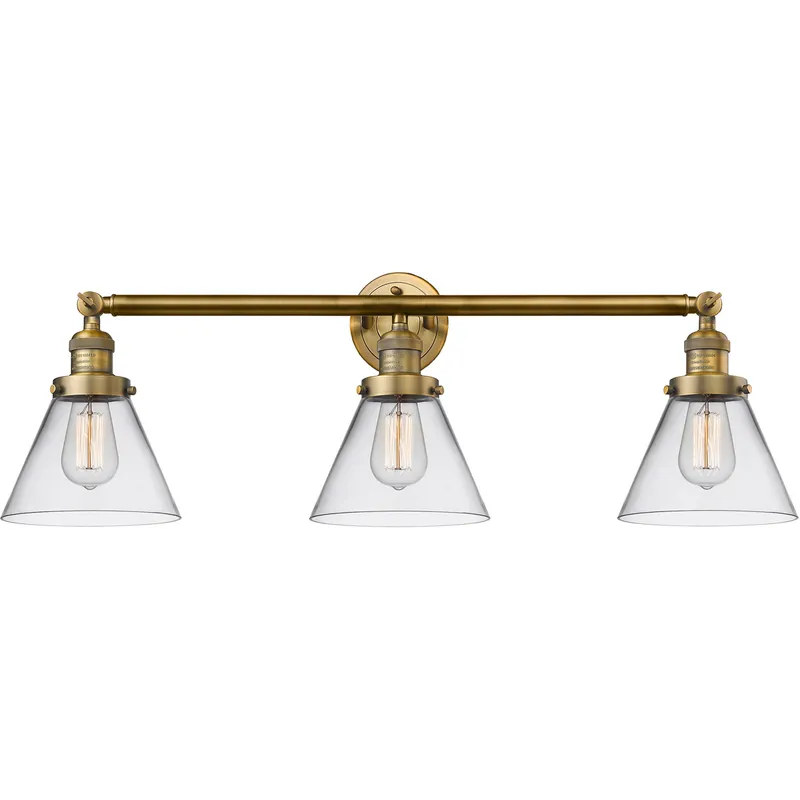 Franklin Restoration Large Cone 3 Light 32 inch Brushed Brass Bath Vanity Light Wall Light in Clear Glass, Franklin Restoration