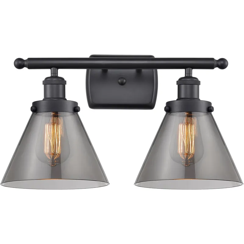 Ballston Large Cone 2 Light 16 inch Matte Black Bath Vanity Light Wall Light in Plated Smoke Glass, Ballston