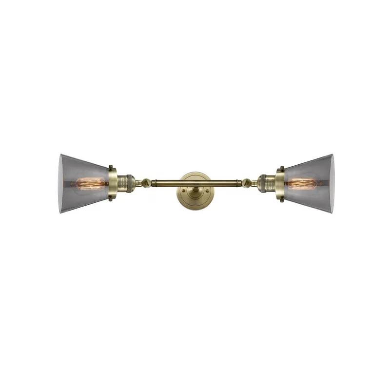 Franklin Restoration Small Cone 2 Light 6 inch Antique Brass Bath Vanity Light Wall Light in Incandescent, Plated Smoke Glass, Franklin Restoration