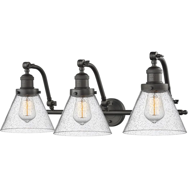 Franklin Restoration Large Cone LED 28 inch Oil Rubbed Bronze Bath Vanity Light Wall Light in Seedy Glass, Franklin Restoration