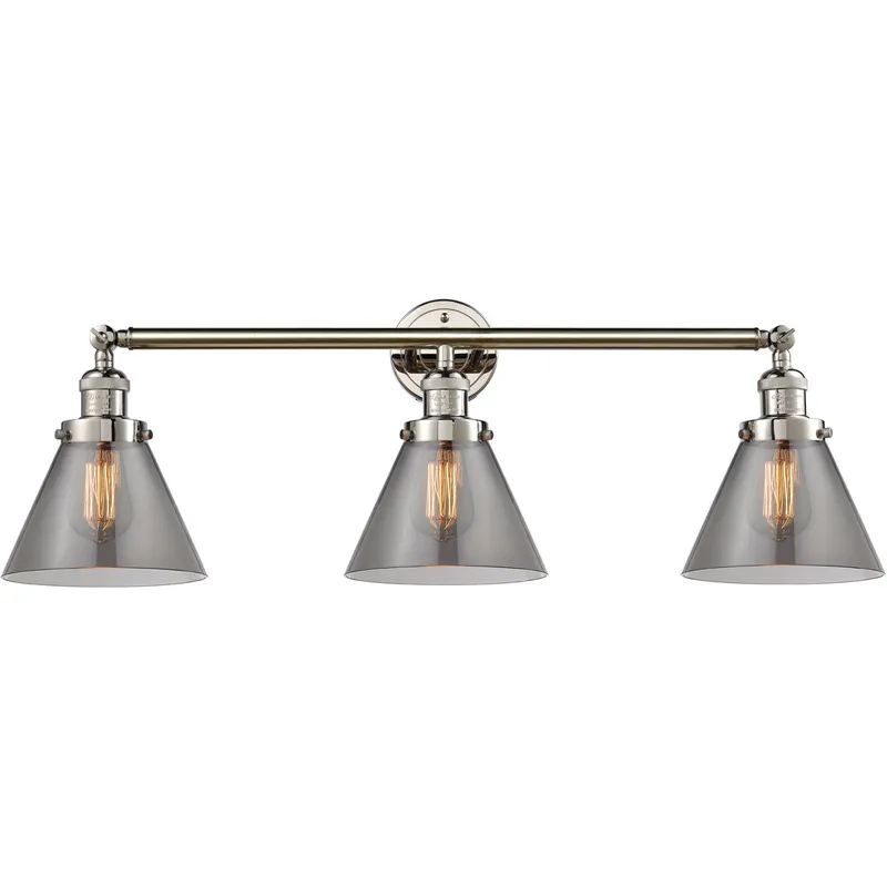 Franklin Restoration Large Cone 3 Light 32 inch Polished Nickel Bath Vanity Light Wall Light in Light Smoke Glass, Franklin Restoration