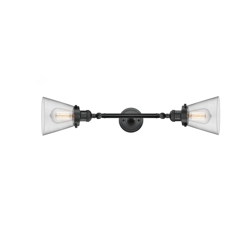 Franklin Restoration Small Cone 2 Light 6 inch Matte Black Bath Vanity Light Wall Light in Clear Glass, Franklin Restoration