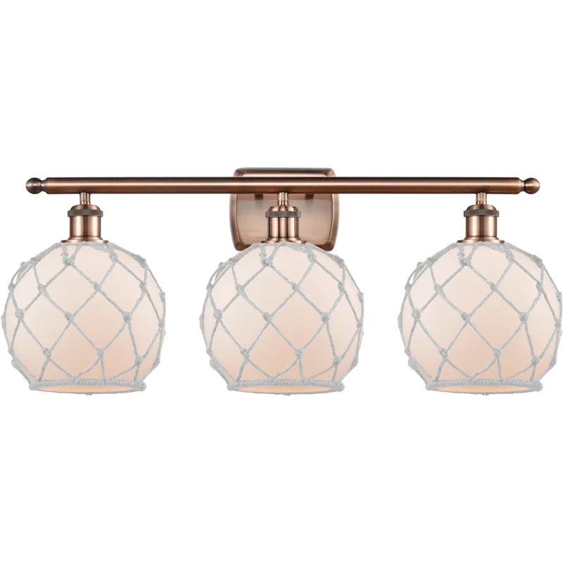 Ballston Farmhouse Rope 3 Light 28 inch Antique Copper Bath Vanity Light Wall Light in Bulb Not Included, White Glass with White Rope, Ballston