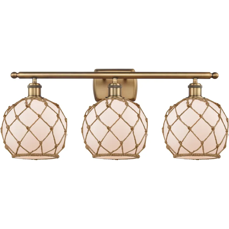 Ballston Farmhouse Rope 3 Light 28 inch Brushed Brass Bath Vanity Light Wall Light in Bulb Not Included, White Glass with Brown Rope, Ballston