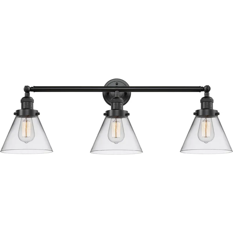 Franklin Restoration Large Cone 3 Light 32 inch Oil Rubbed Bronze Bath Vanity Light Wall Light in Clear Glass, Franklin Restoration