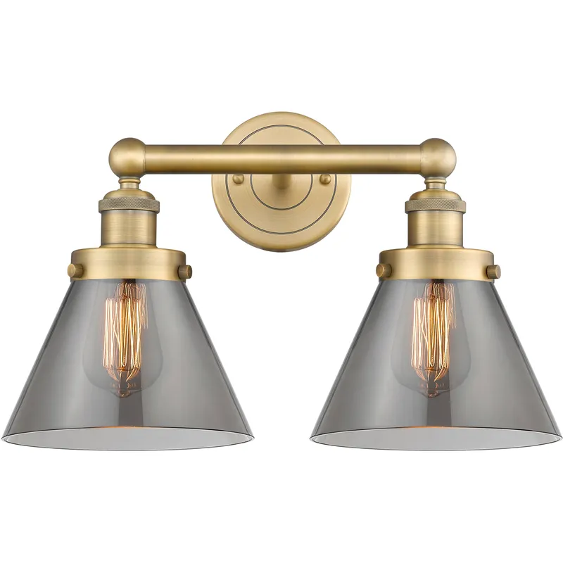 Cone 2 Light 15.5 inch Brushed Brass Bath Vanity Light Wall Light in Light Smoke Glass