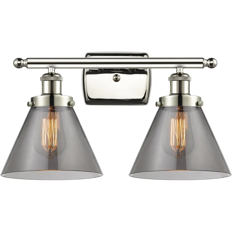 Ballston Large Cone 2 Light 16 inch Polished Nickel Bath Vanity Light Wall Light in Light Smoke Glass