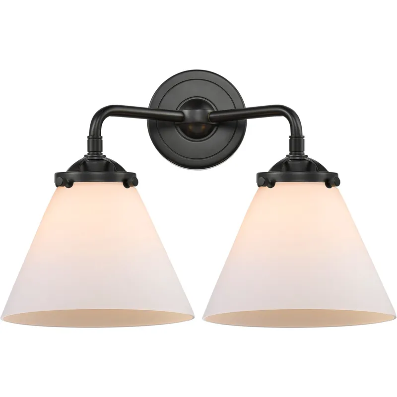 Nouveau Large Cone 2 Light 16 inch Oil Rubbed Bronze Bath Vanity Light Wall Light in Matte White Glass, Nouveau