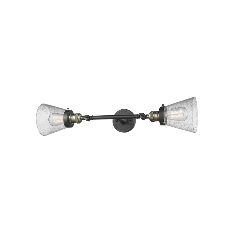 Franklin Restoration Small Cone 2 Light 6 inch Black Antique Brass Bath Vanity Light Wall Light in Seedy Glass, Franklin Restoration