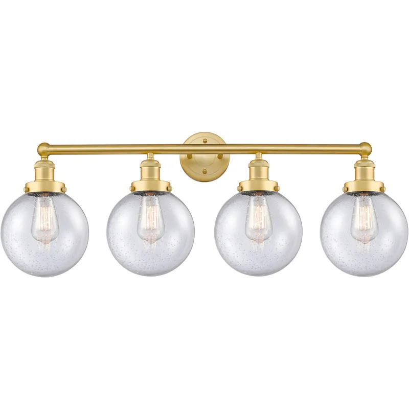 Beacon 4 Light 33.5 inch Satin Gold Bath Vanity Light Wall Light in Seedy Glass, Large
