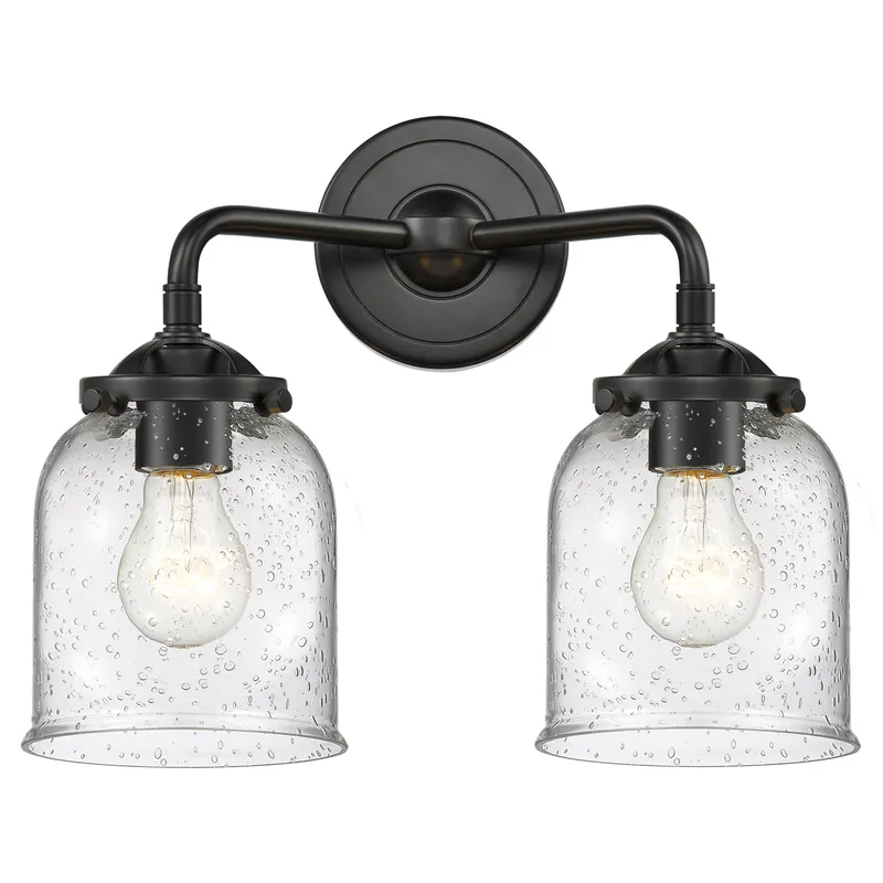 Nouveau Small Bell 2 Light 13 inch Oil Rubbed Bronze Bath Vanity Light Wall Light in Seedy Glass, Nouveau