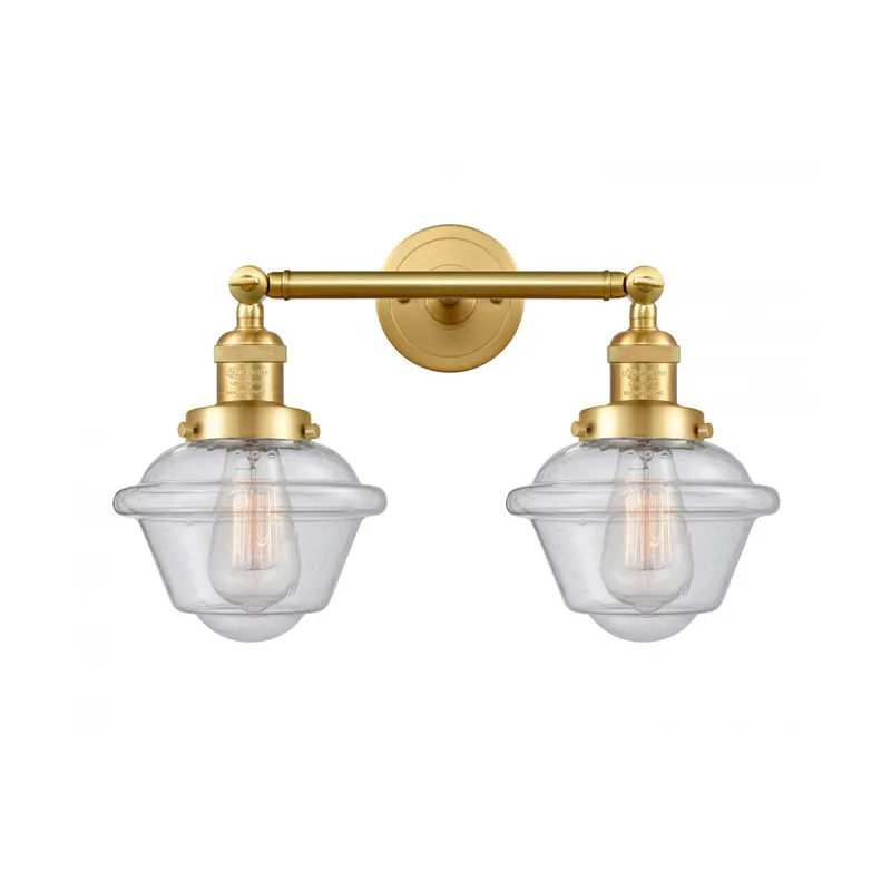 Franklin Restoration Small Oxford 2 Light 17 inch Satin Gold Bath Vanity Light Wall Light in Seedy Glass, Franklin Restoration