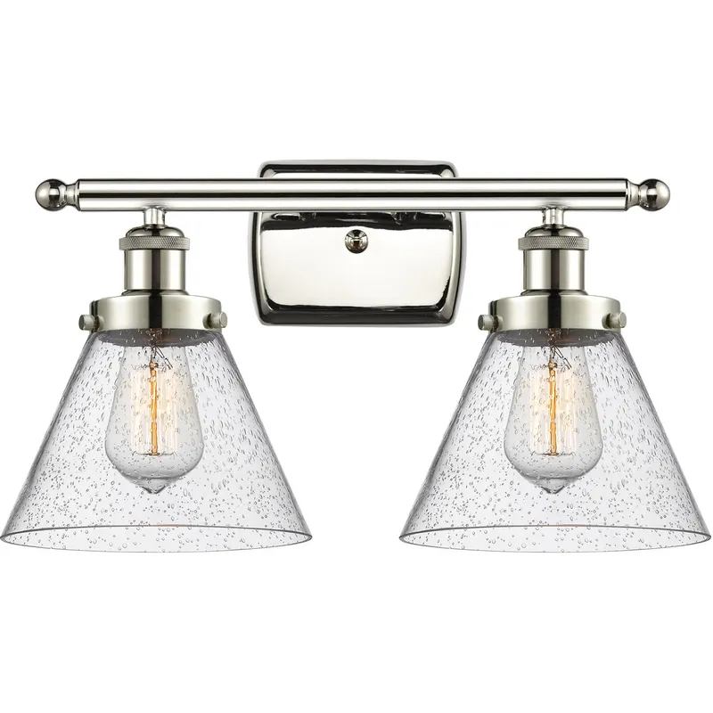 Ballston Large Cone 2 Light 16 inch Polished Nickel Bath Vanity Light Wall Light in Seedy Glass