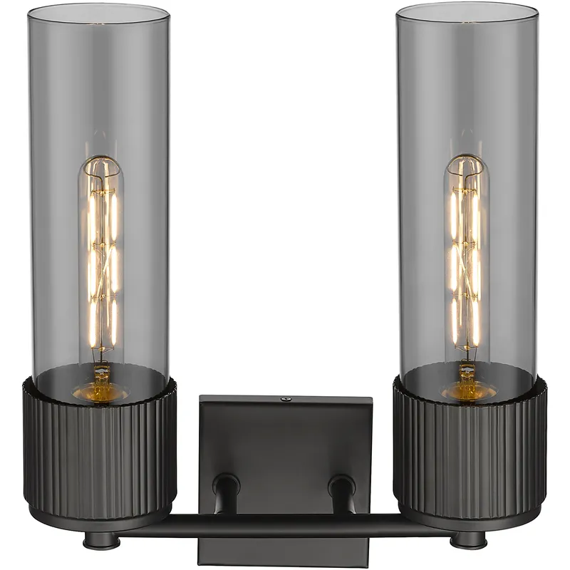 Bolivar 2 Light 13.5 inch Matte Black Bath Vanity Light Wall Light in Light Smoke Glass