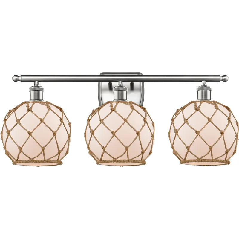 Ballston Farmhouse Rope 3 Light 28 inch Brushed Satin Nickel Bath Vanity Light Wall Light in Bulb Not Included, White Glass with Brown Rope, Ballston
