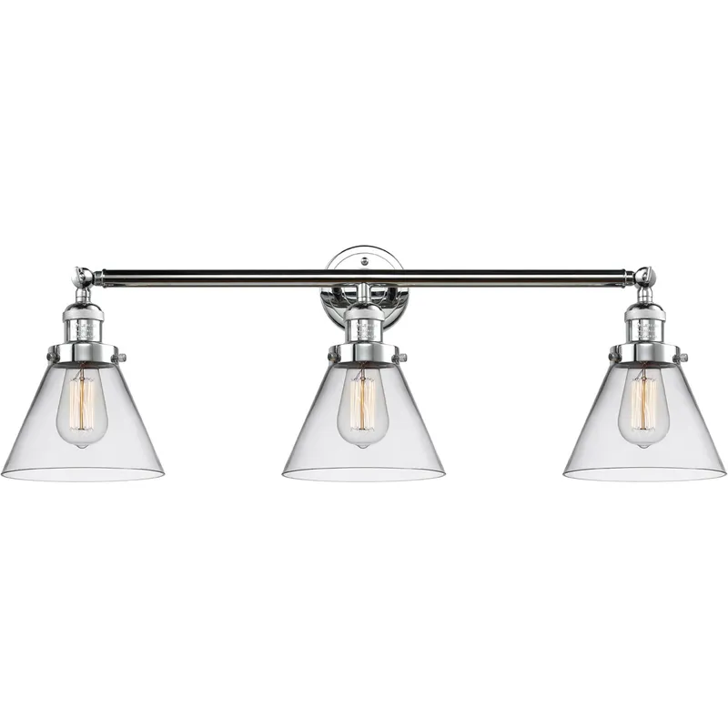Franklin Restoration Large Cone 3 Light 32 inch Polished Chrome Bath Vanity Light Wall Light in Clear Glass, Franklin Restoration