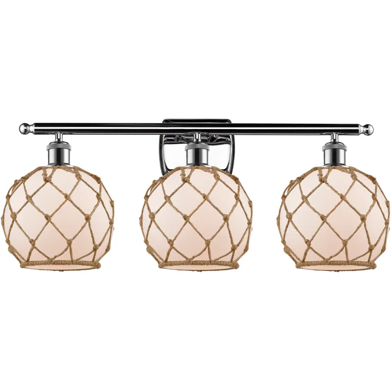 Ballston Farmhouse Rope 3 Light 28 inch Polished Chrome Bath Vanity Light Wall Light in Bulb Not Included, White Glass with Brown Rope, Ballston