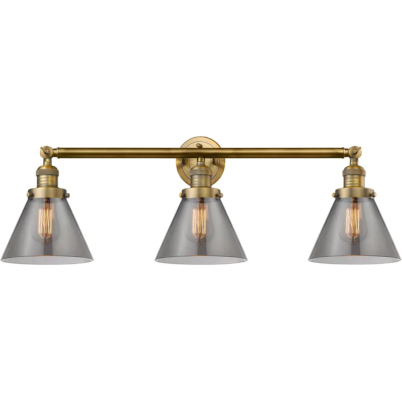 Franklin Restoration Large Cone 3 Light 32 inch Brushed Brass Bath Vanity Light Wall Light in Light Smoke Glass, Franklin Restoration
