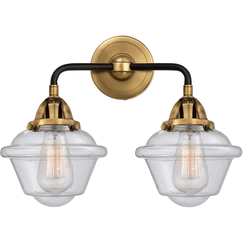 Nouveau 2 Small Oxford 2 Light 15.5 inch Black Antique Brass Bath Vanity Light Wall Light in Seedy Glass
