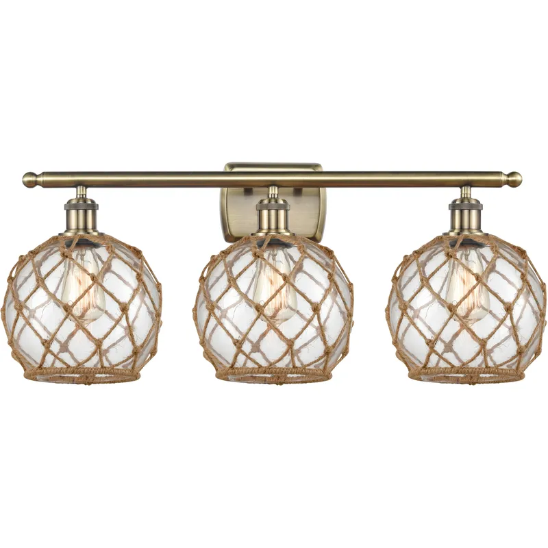 Ballston Farmhouse Rope 3 Light 28 inch Antique Brass Bath Vanity Light Wall Light in Bulb Not Included, Clear Glass with Brown Rope, Ballston