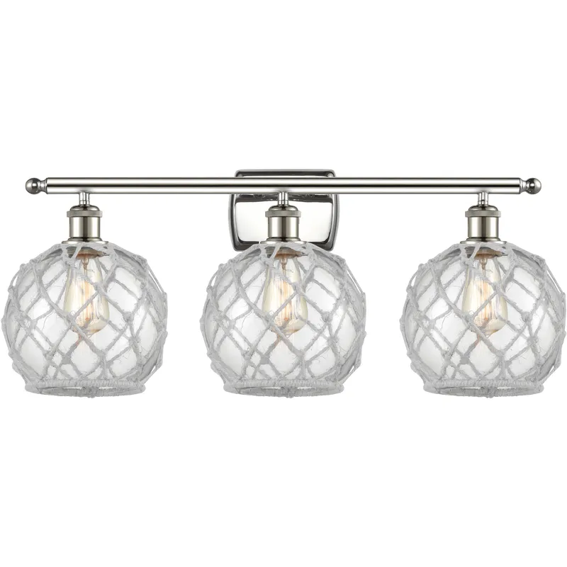 Ballston Farmhouse Rope 3 Light 28 inch Polished Nickel Bath Vanity Light Wall Light in Bulb Not Included, Clear Glass with White Rope, Ballston