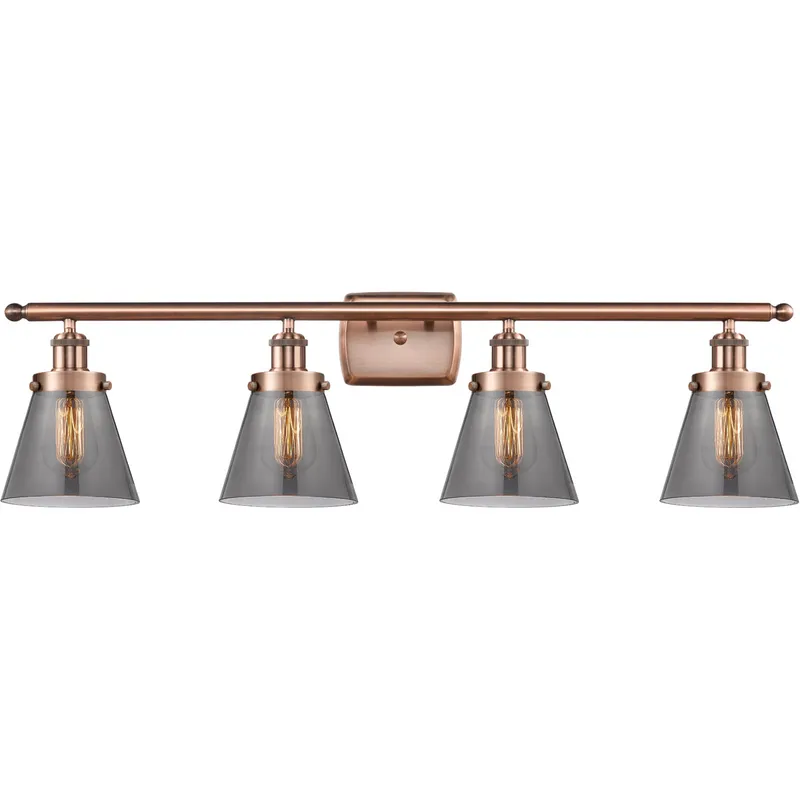 Ballston Small Cone 4 Light 36 inch Antique Copper Bath Vanity Light Wall Light in Light Smoke Glass