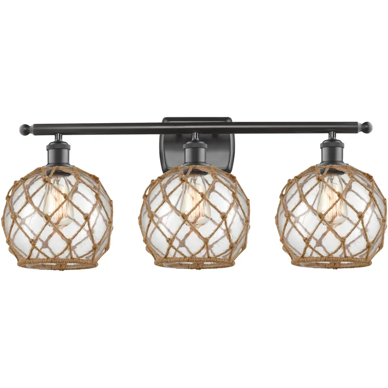 Ballston Farmhouse Rope 3 Light 28 inch Oil Rubbed Bronze Bath Vanity Light Wall Light in Bulb Not Included, Clear Glass with Brown Rope, Ballston