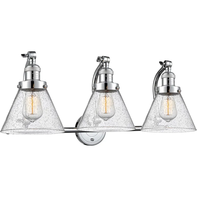 Franklin Restoration Large Cone LED 28 inch Polished Chrome Bath Vanity Light Wall Light in Seedy Glass, Franklin Restoration