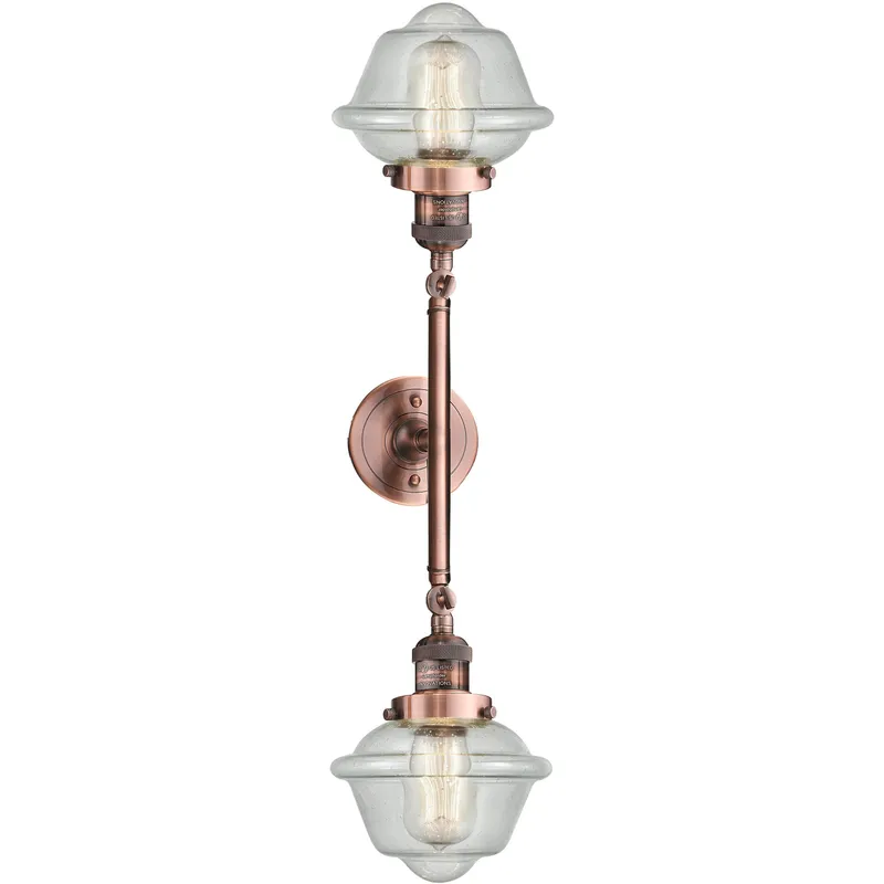 Franklin Restoration Small Oxford 2 Light 17 inch Antique Copper Bath Vanity Light Wall Light in Seedy Glass, Franklin Restoration