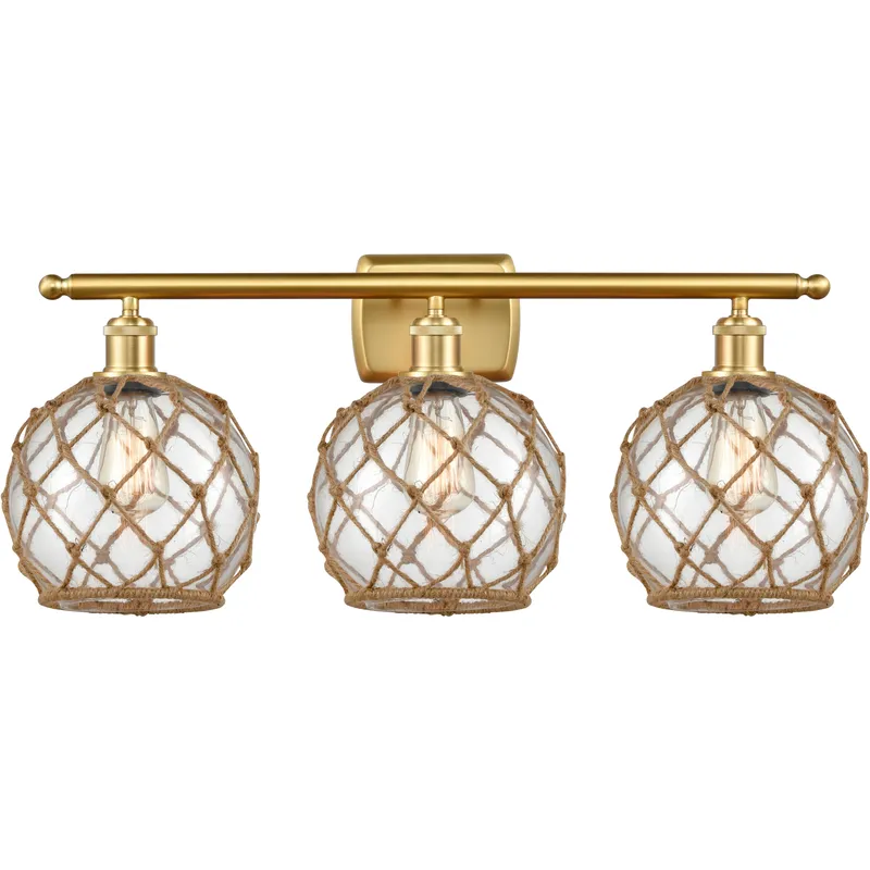 Ballston Farmhouse Rope 3 Light 28 inch Satin Gold Bath Vanity Light Wall Light in Bulb Not Included, Clear Glass with Brown Rope, Ballston