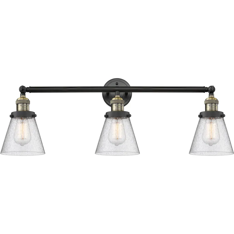 Franklin Restoration Small Cone LED 30 inch Black Antique Brass Bath Vanity Light Wall Light in Seedy Glass, Franklin Restoration