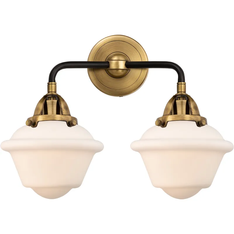 Nouveau 2 Small Oxford 2 Light 15.5 inch Black Antique Brass Bath Vanity Light Wall Light in Matte White Glass