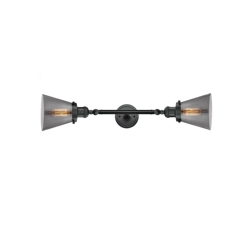 Franklin Restoration Small Cone 2 Light 6 inch Matte Black Bath Vanity Light Wall Light in Plated Smoke Glass, Franklin Restoration