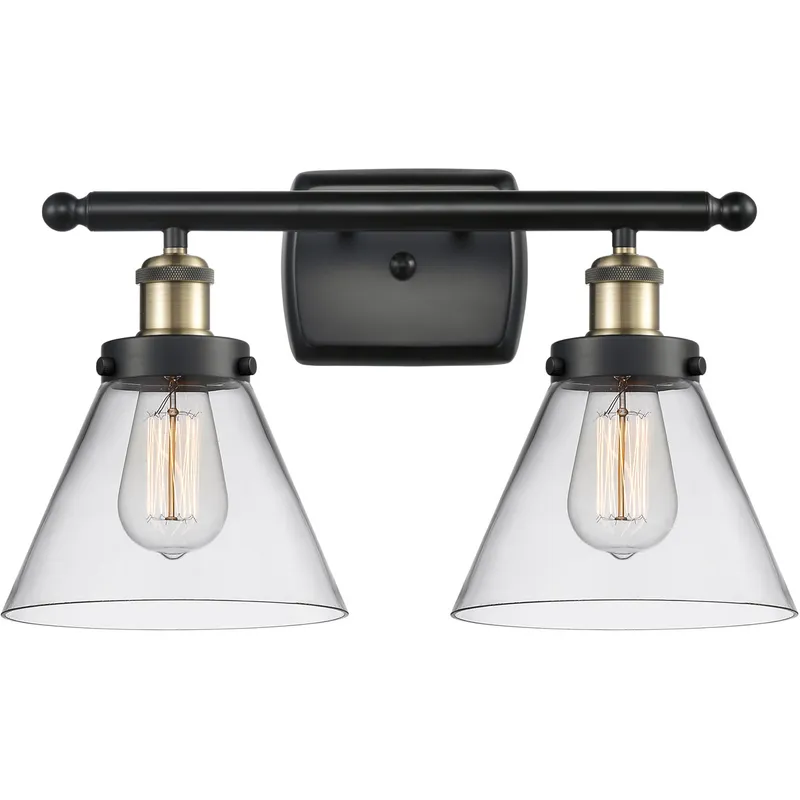 Ballston Large Cone 2 Light 16 inch Black Antique Brass Bath Vanity Light Wall Light in Clear Glass