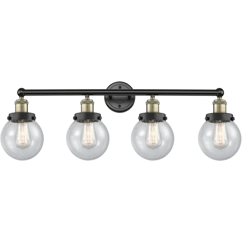 Beacon 4 Light 33.5 inch Black Antique Brass Bath Vanity Light Wall Light in Seedy Glass, Small