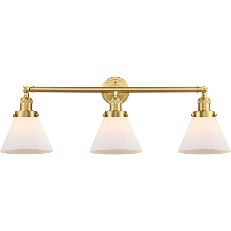 Franklin Restoration Large Cone 3 Light 32 inch Satin Gold Bath Vanity Light Wall Light in Matte White Glass, Franklin Restoration